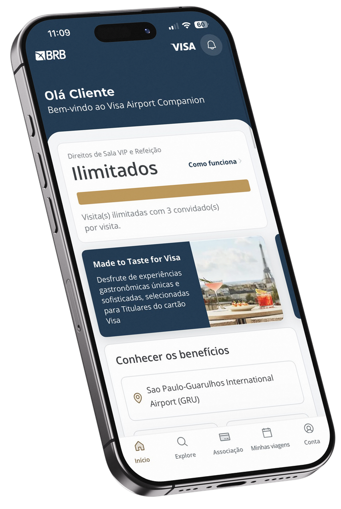 Tela do Visa Airport Companion mostrando acessos ilimitados a salas VIP para cliente BRB DUX