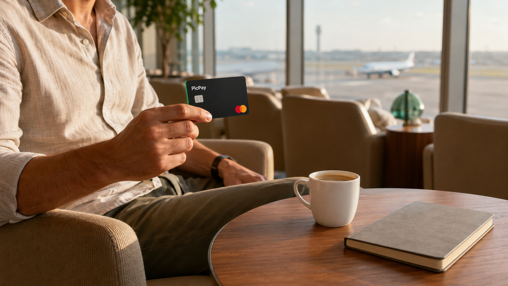 Ilustração de viajante segurando cartão conceitual PicPay Mastercard em um lounge de aeroporto.