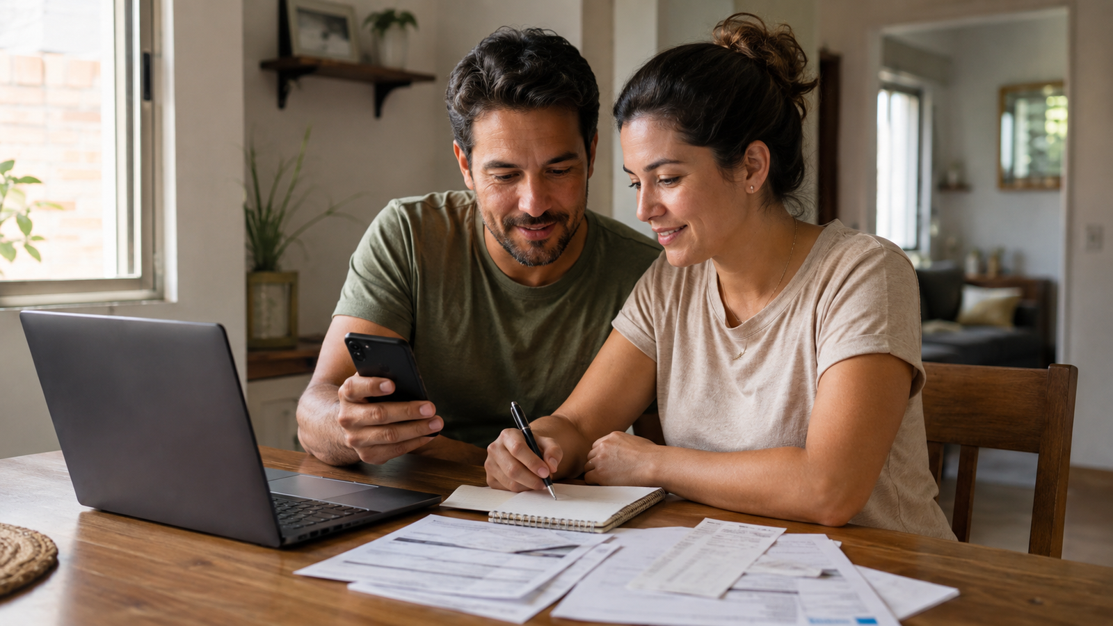 Casal organizando o orçamento familiar com celular, notebook e anotações.