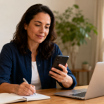 Mulher consultando o celular e fazendo anotações, com notebook e cofrinho sobre a mesa.
