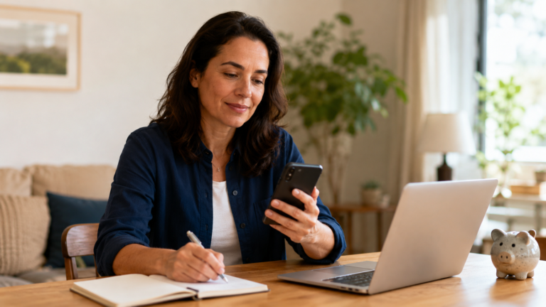 Mulher consultando o celular e fazendo anotações, com notebook e cofrinho sobre a mesa.