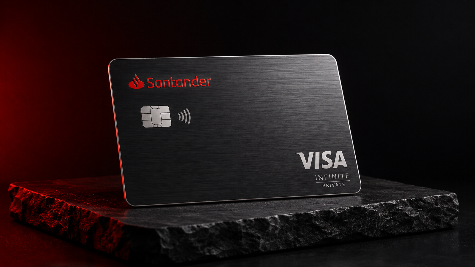 Ilustração de cartão metálico escuro com as marcas Santander e Visa Infinite Private.