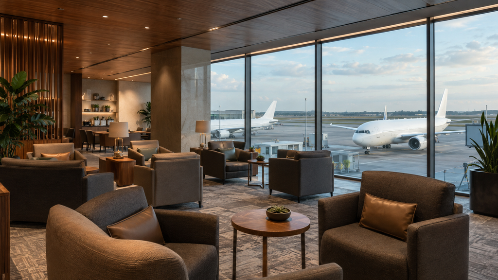Imagem ilustrativa de lounge aeroportuário. Não representa uma sala específica nem comprova acesso com o cartão.