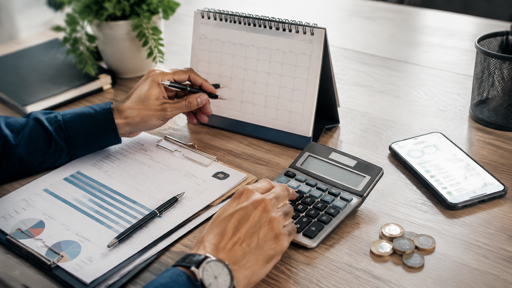 Pessoa utilizando calculadora e calendário para analisar os impostos cobrados sobre um CDB.
