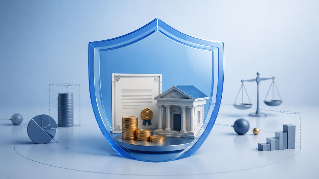 Ilustração de escudo protegendo um CDB emitido por uma instituição financeira.