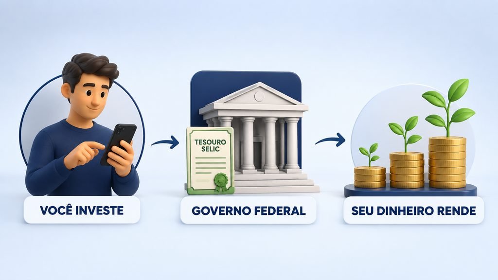 Ilustração mostrando o investidor emprestando dinheiro ao Governo Federal por meio do Tesouro Selic.