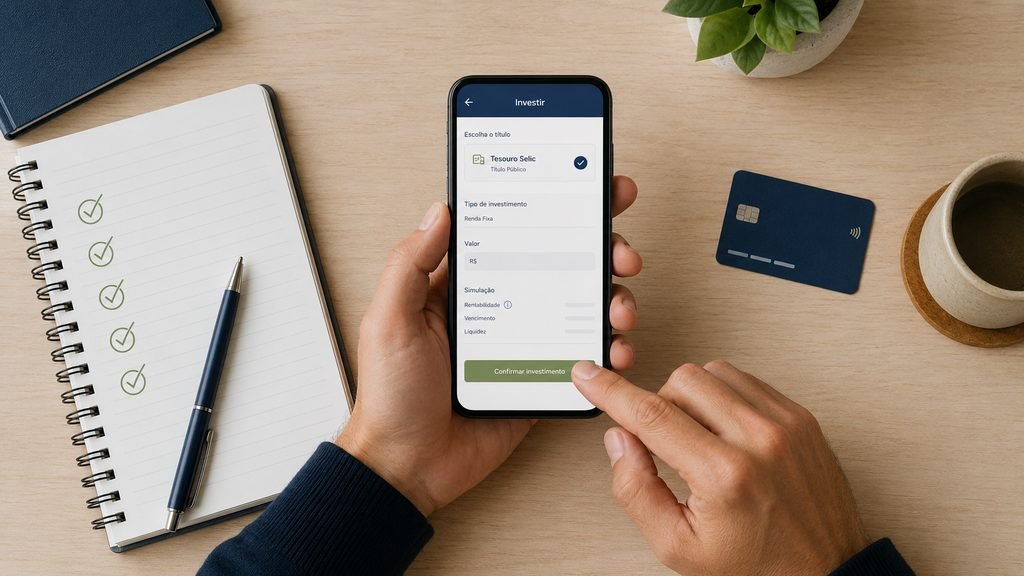 Pessoa selecionando o Tesouro Selic e confirmando o investimento pelo celular.