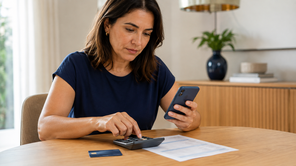 Consumidora conferindo a fatura do cartão com celular e calculadora.