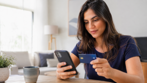 Mulher consultando aplicativo bancário no celular enquanto segura um cartão de crédito azul.