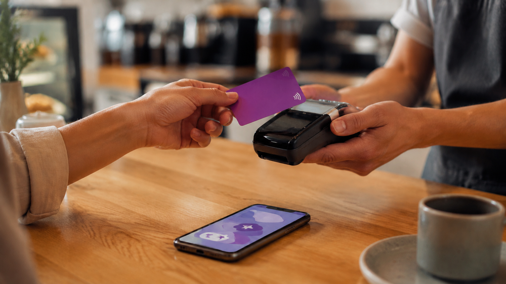 Cliente realiza pagamento por aproximação com cartão roxo em uma cafeteria