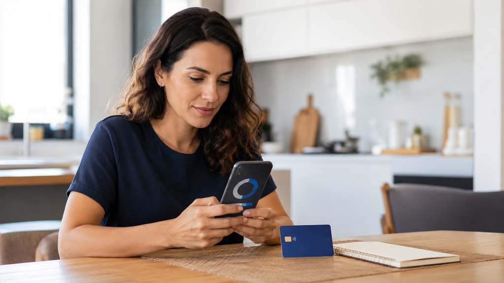 Mulher consultando o limite do cartão de crédito pelo celular.