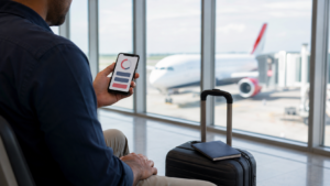 Viajante consulta programa de milhas no celular enquanto aguarda voo no aeroporto