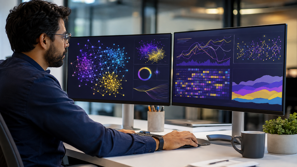 Profissional analisando dados e modelos de inteligência artificial em dois monitores.