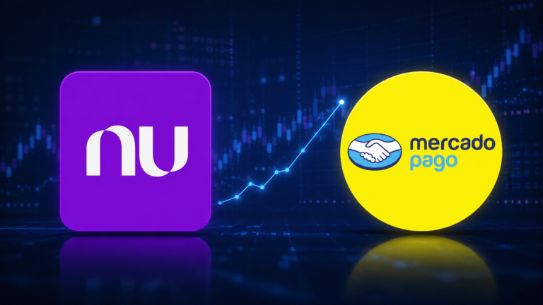 Logotipos do Nubank e Mercado Pago diante de gráfico do mercado financeiro.
