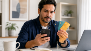 Pessoa comparando cartões de crédito sem anuidade pelo celular.