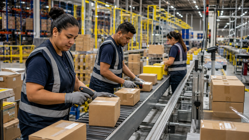 Trabalhadores separando encomendas em centro de distribuição do comércio eletrônico