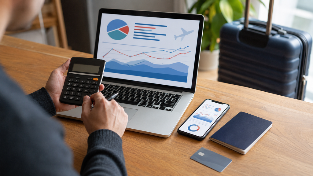 Pessoa calcula o custo de milhas aéreas utilizando notebook e calculadora.