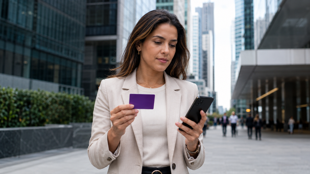 Mulher usando cartão e celular em centro financeiro, ilustrando a expansão do Nubank