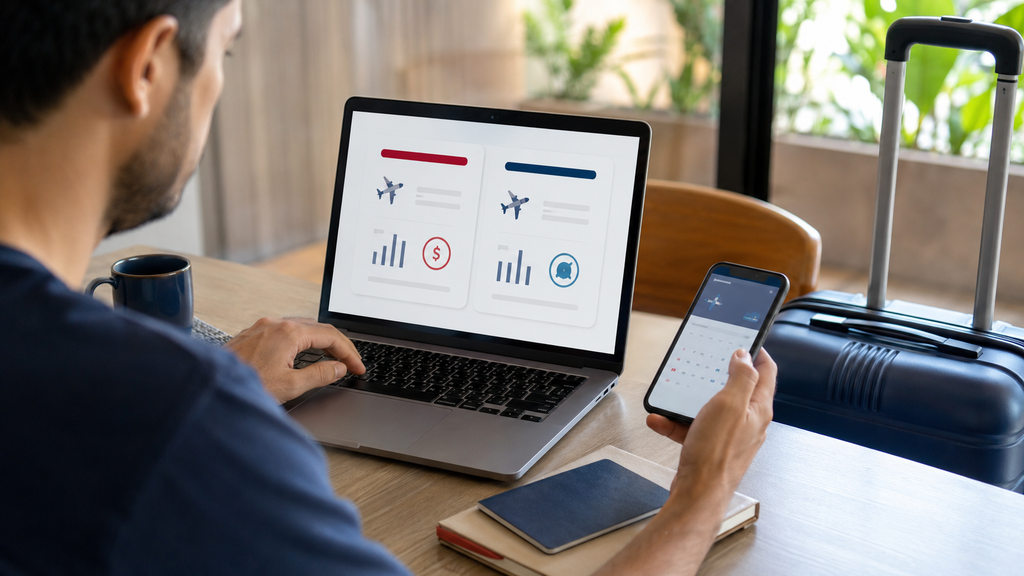 Viajante compara no notebook o pagamento de uma passagem com dinheiro e milhas.