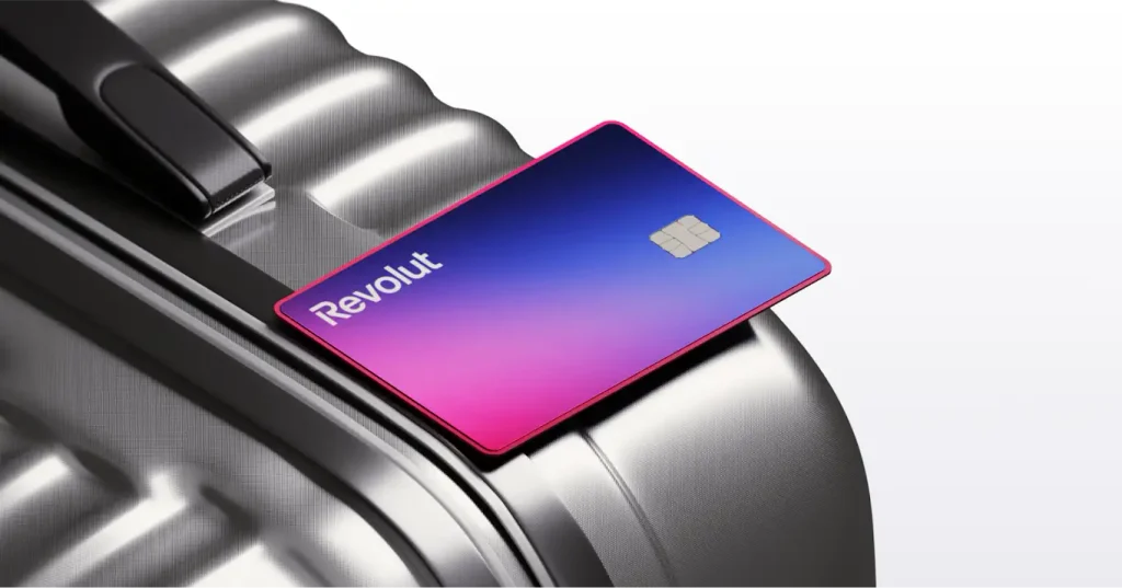 Cartão Revolut em tons de azul e rosa sobre uma mala prateada.