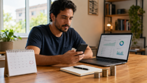 Homem consultando investimentos no celular, com notebook, calendário e moedas sobre a mesa.