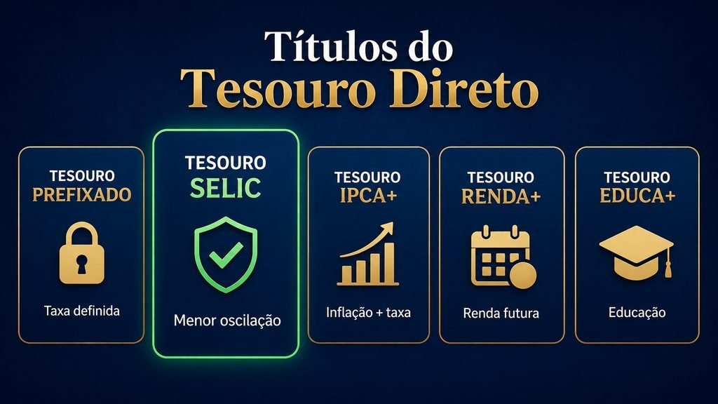 Comparação entre Tesouro Selic, Prefixado, IPCA+, RendA+ e Educa+.