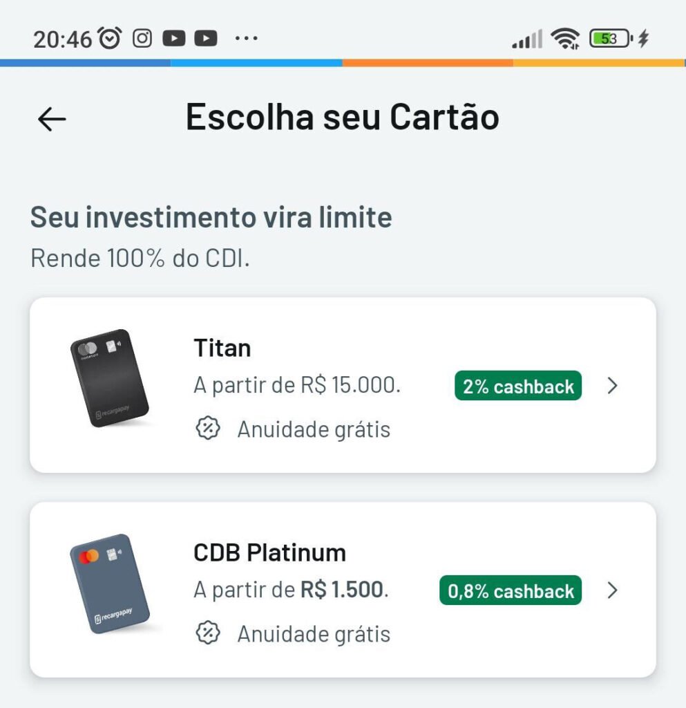 Tela do aplicativo RecargaPay mostrando oferta do cartão Titan com investimento de R$ 15 mil