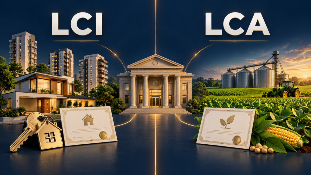 Ilustração comparando LCI ligada ao setor imobiliário e LCA ligada ao agronegócio