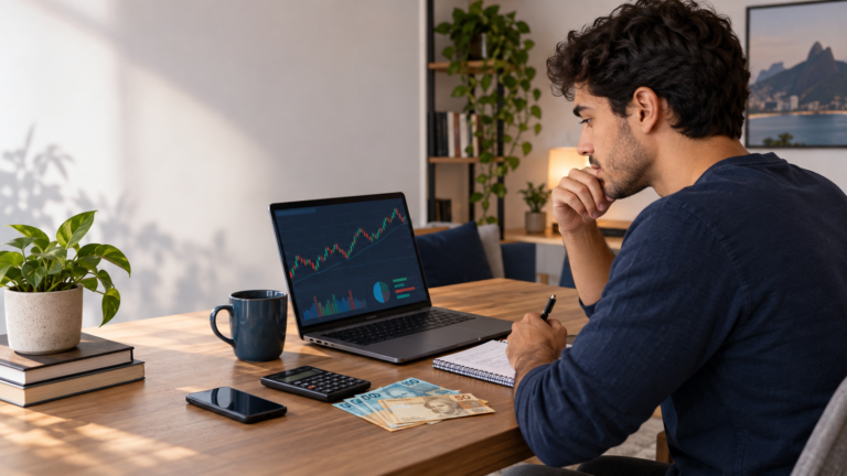 Investidor iniciante analisando gráficos de ações no computador antes de começar a investir na bolsa.