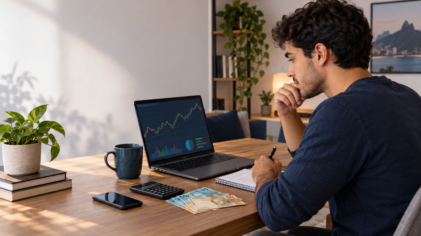 Investidor iniciante analisando gráficos de ações no computador antes de começar a investir na bolsa.