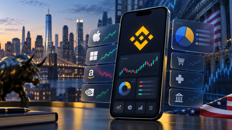 Aplicativo da Binance integrado ao mercado de ações e ETFs dos Estados Unidos.