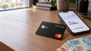 Cartão Pierre One ao lado de celular mostrando 3% de cashback e CDB a 106% do CDI.