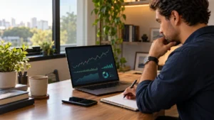 Investidor analisando ações pagadoras de dividendos no notebook
