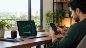 Homem consulta investimentos pelo celular e notebook em plataforma digital
