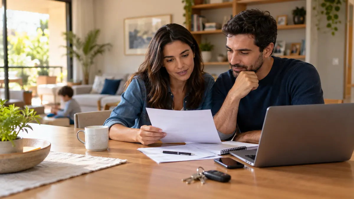 Casal analisando uma apólice de seguro e planejando a proteção financeira da família