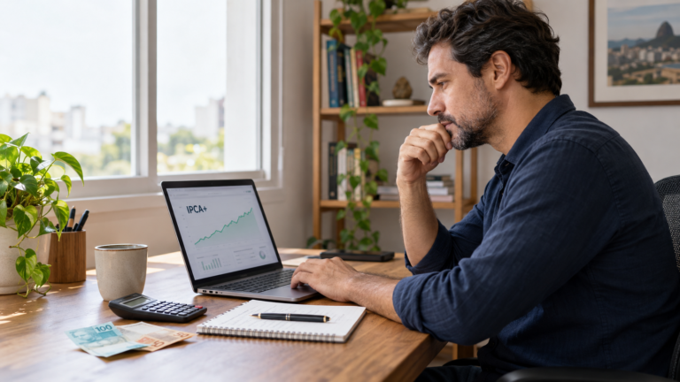 Pessoa analisando investimento em Tesouro IPCA+ no notebook.